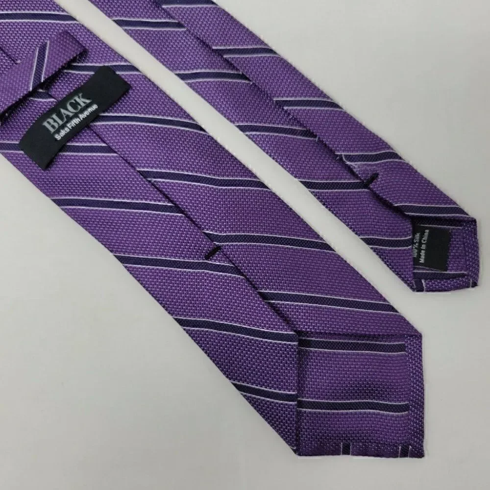 SAKS FIFTH AVENUE BLACK LABEL TIE SILK PURPLE WHITE STRIPE LUXURY 3